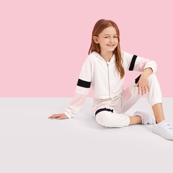 

Girls Zip Up Color Block Hoodie & Pants Set, Multicolor