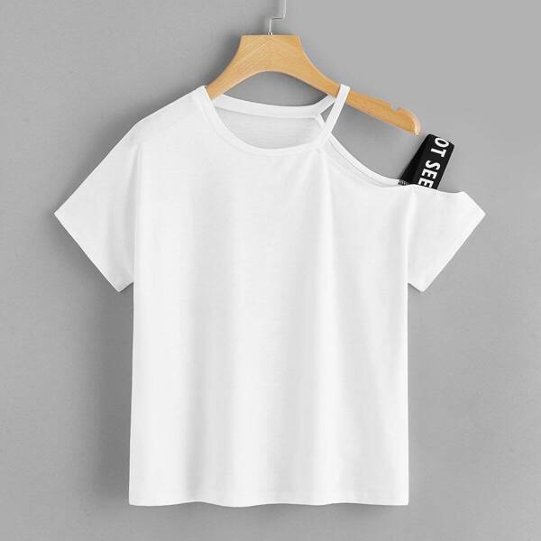 

Asymmetrical Neck Letter Taped Tee