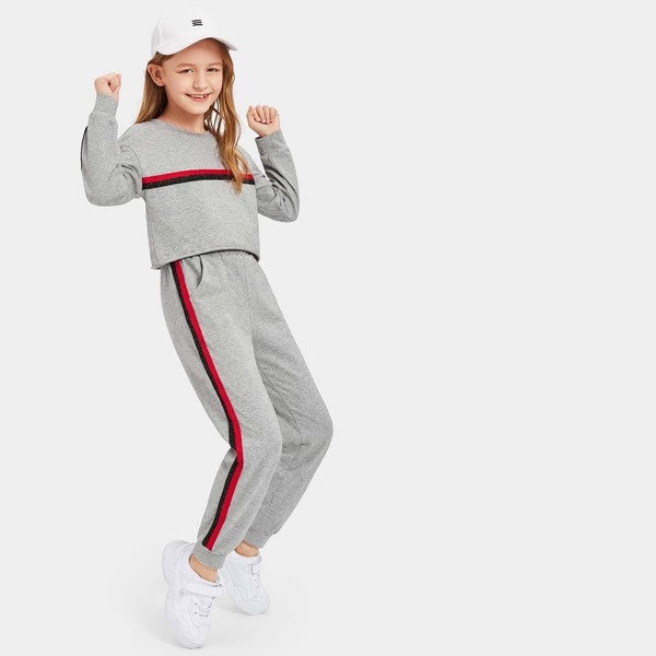 

Girls Striped Tape Crop Pullover & Pants Set, Grey