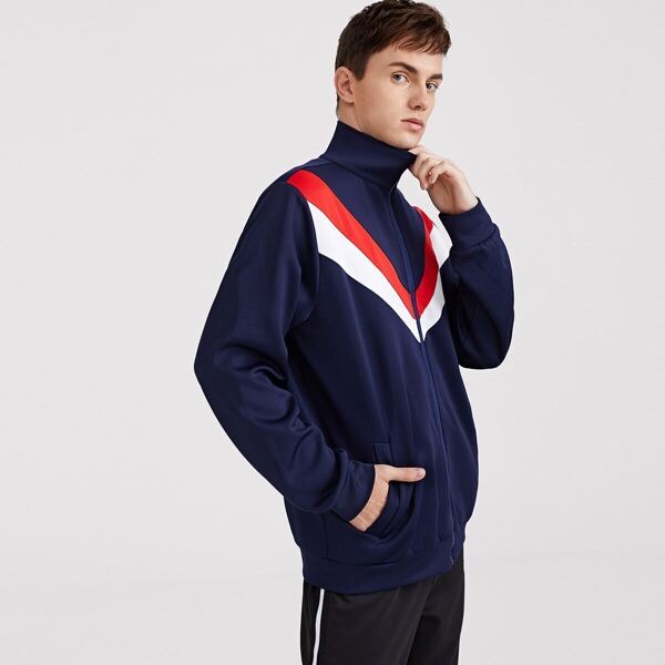 

Men Zip Up Colorblock Chevron Jacket