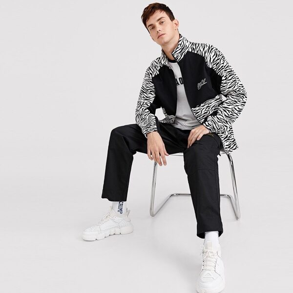 

Men Zip Up Cut-and-sew Zebra Print Coat, Black and white