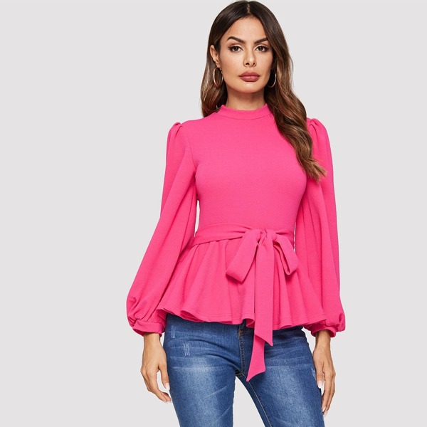 

Neon Pink Lantern Sleeve Belted Peplum Top