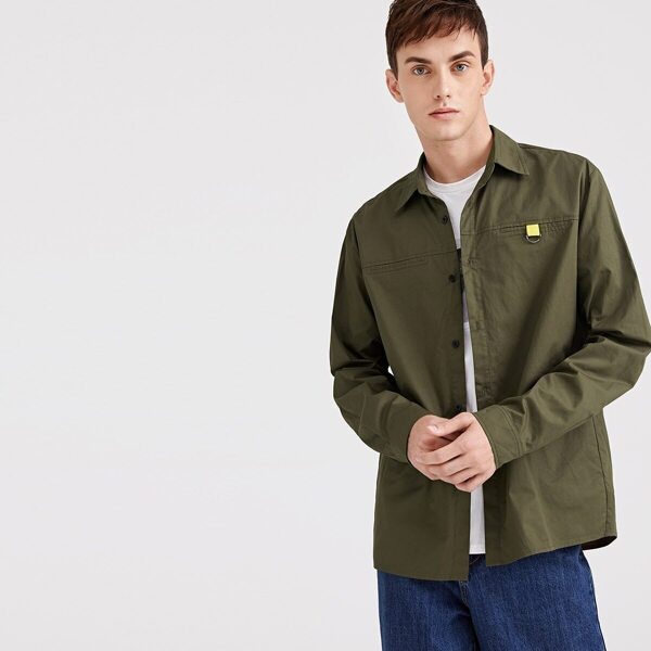 

Men Button Front Collar Solid Top, Army green