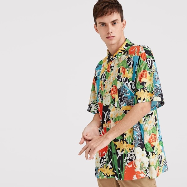 

Men Floral Print Pocket Front Shirt