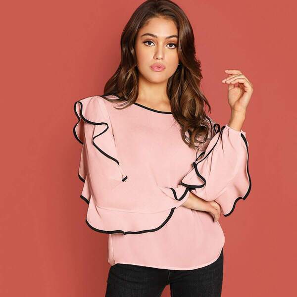 

Contrast Binding Ruffle Trim Sleeve Blouse