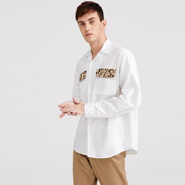 

Men Leopard Flap Pocket Front Shirt, White