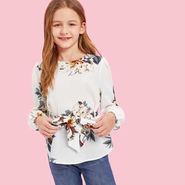 

Girls Keyhole Back Belted Floral Top