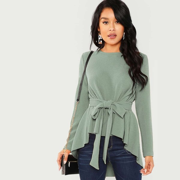 

Dip Hem Belted Top, Mint green
