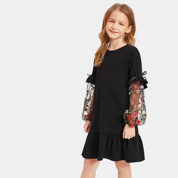 

Girls Embroidered Mesh Lantern Sleeve Ruffle Dress