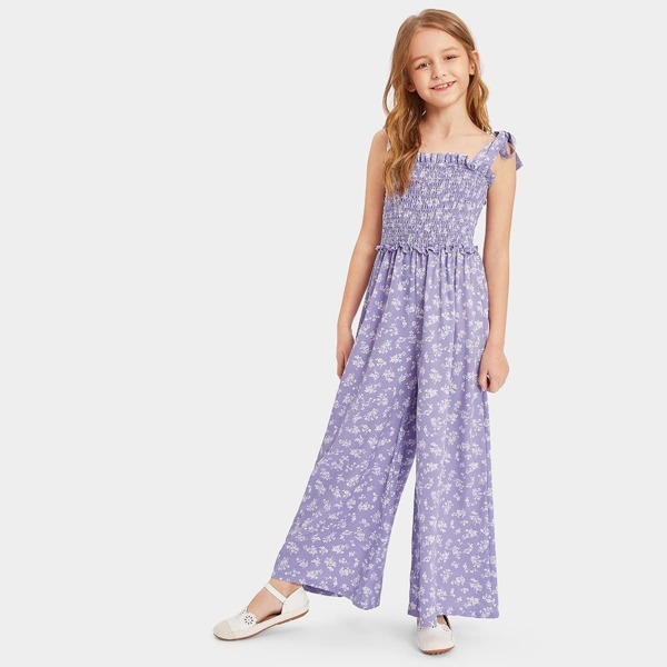 

Girls Self Tie Shoulder Smocked Wide Leg Jumpsuit, Purple pastel