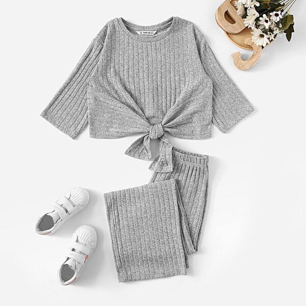 

Girls Rib-knit Knot Front Crop Top & Pants Set