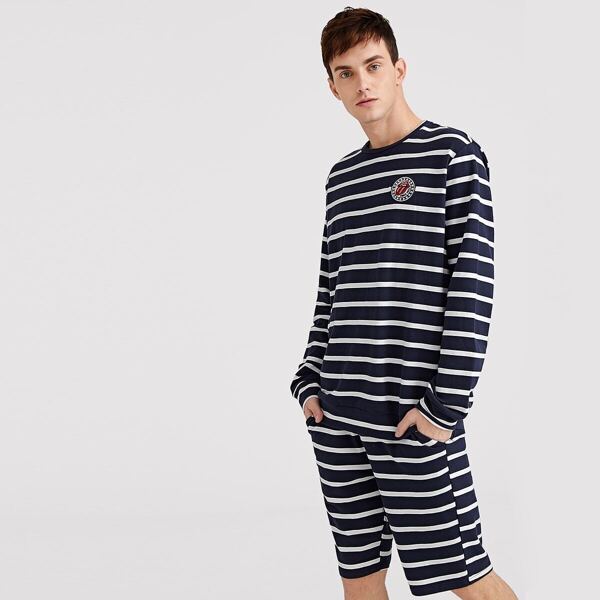 

Men Patched Detail Striped Top & Shorts Set, Navy