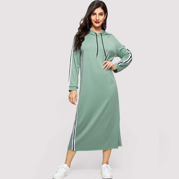 

Striped Tape Sideseam Drawstring Hoodie Hijab Sweat Dress