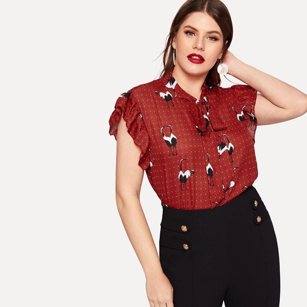 

Plus Tie Neck Ruffle Trim Crane Bird & Dot Top