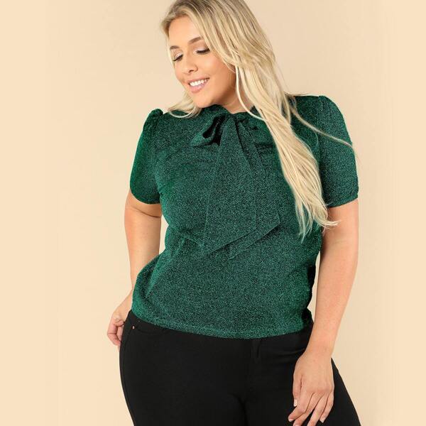 

Plus Tie Neck Puff Sleeve Glitter Blouse
