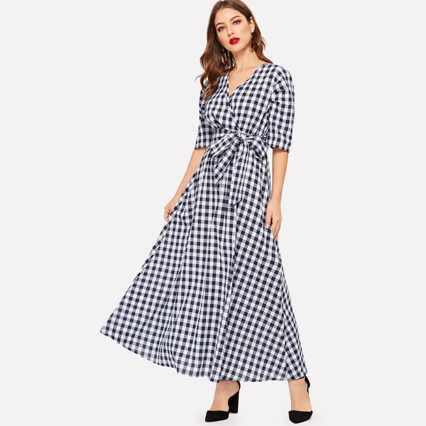

Puff Sleeve Surplice Wrap Gingham Dress With Belt