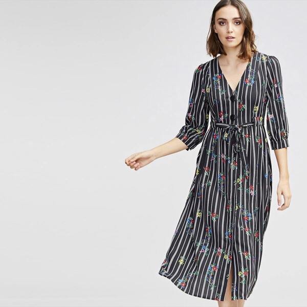 

Button Front Belted Floral V-neck Striped Dress, Multicolor