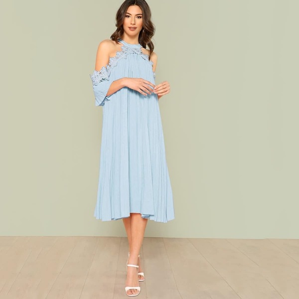 

Lace Applique Halter Cold Shoulder Swing Pleated Dress