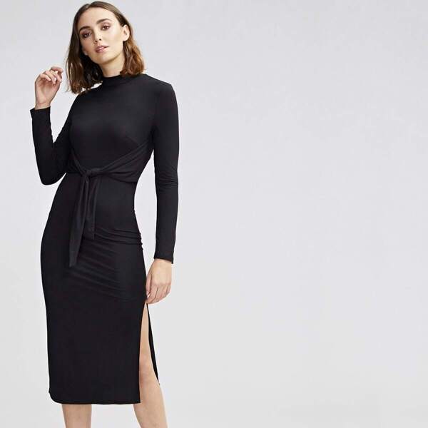 

Mock-neck Slit Hem Knotted Pencil Dress