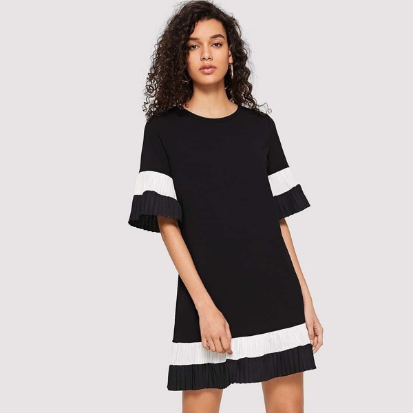 

Two Tone Pleated Ruffle Trim Tunic Dress
