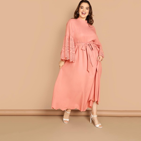 

Plus Laser Cut Scallop Bell Sleeve Belted Dress, Pink