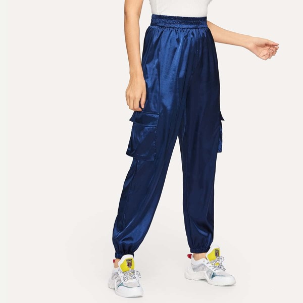 

Flap Pocket Side Elastic Hem Utility Satin Pants