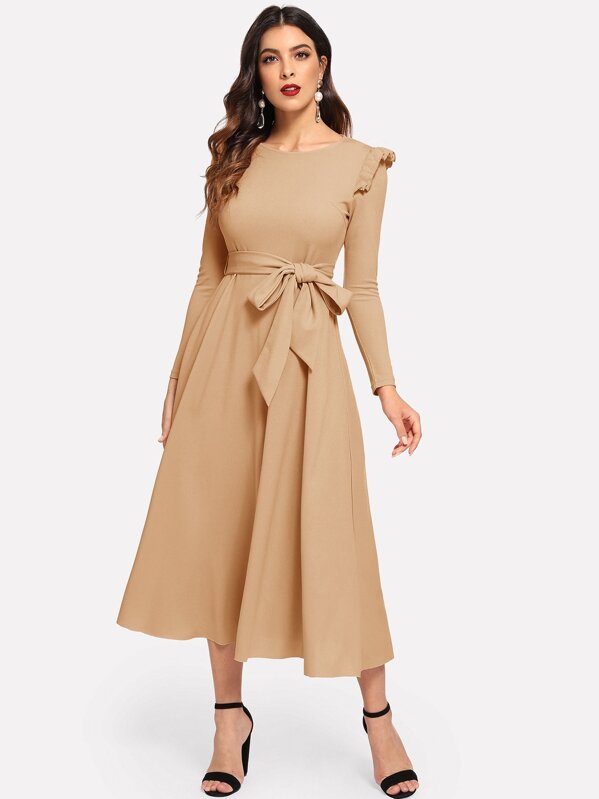 

Ruffle Detail Waist Belted Solid Dress, Khaki, DANI A