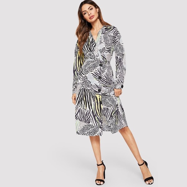 

Button Front Animal Print Wrap Dress, Multicolor