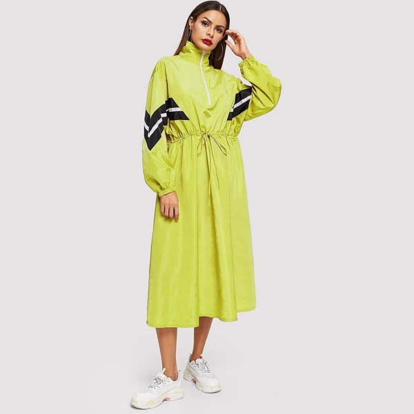 

Zip Up Waist Drawstring Chevron Print Dress, Green