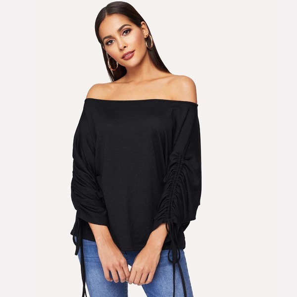 

Shirred Drawstring Sleeve Off Shoulder Sweatshirt, Black