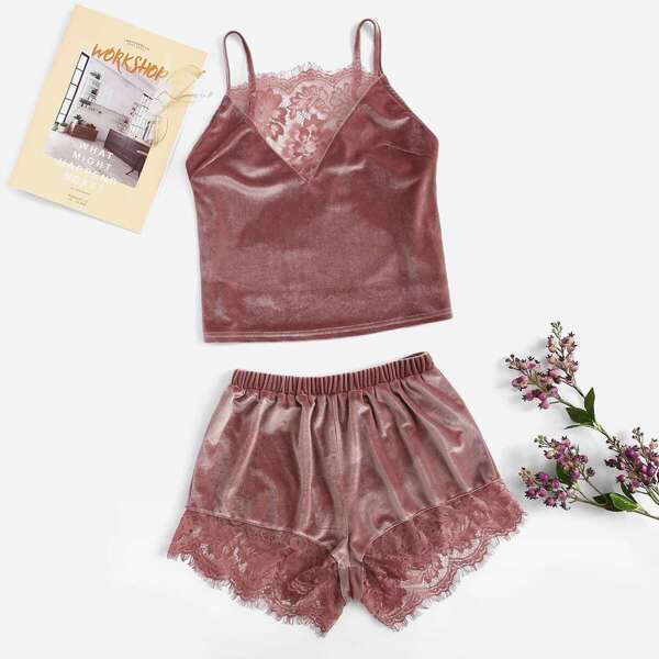 

Lace Insert Velvet Cami Top & Shorts PJ Set