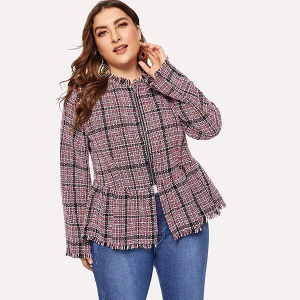 

Plus Zip Up Plaid Tweed Coat