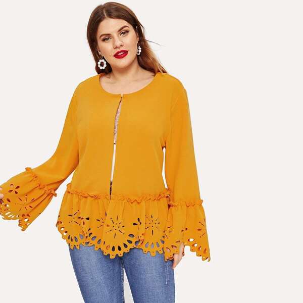 

Plus Open Front Laser Cut Bell Sleeve Coat