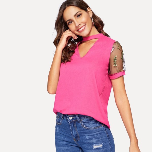 

Cut V Neck Contrast Mesh Sleeve Top