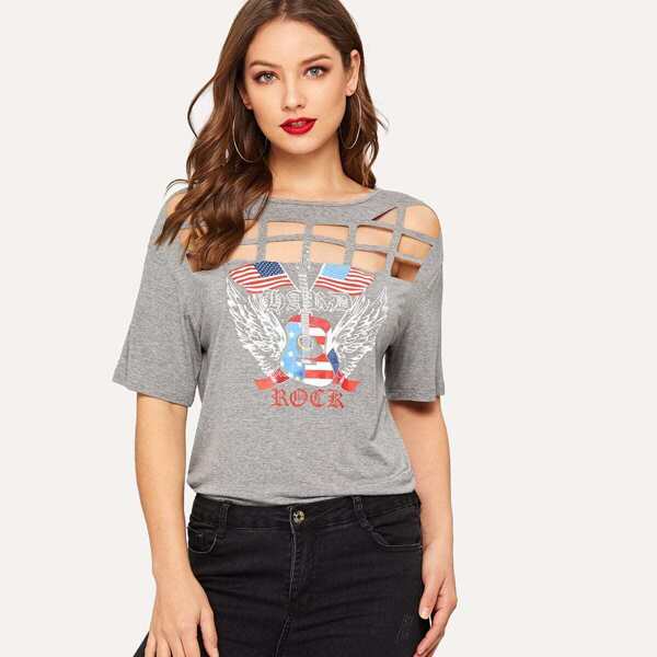 

Cage Neck Graphic Print Top