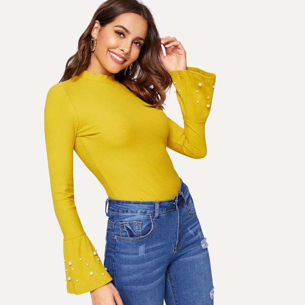 

Pearl Beaded Bell Sleeve Rib Knit Tee