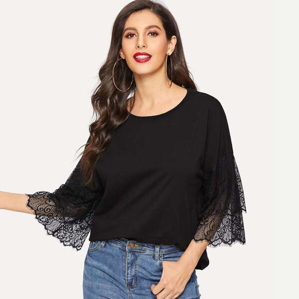 

Lace Insert Bell Sleeve Solid Tee, Black