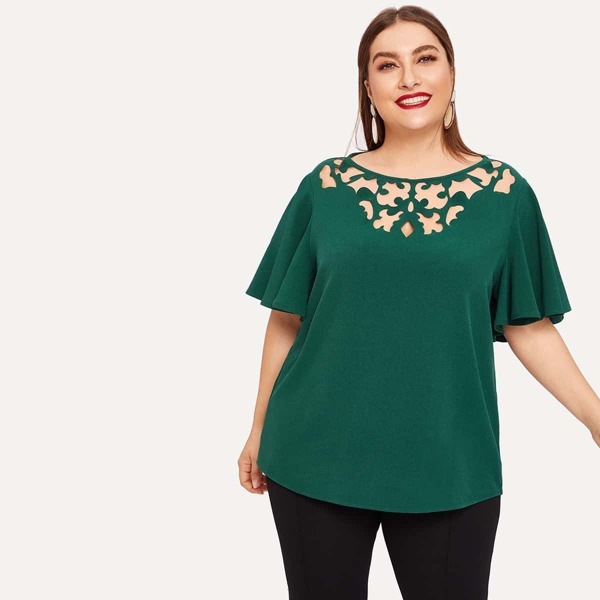 

Plus Butterfly Sleeve Cutout Front Solid Top