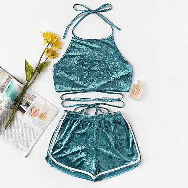 

Halter Velvet Top With Elastic Waist Shorts
