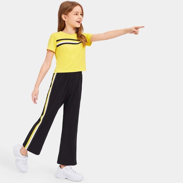 

Girls Contrast Tape Tee and Pants Set, Multicolor
