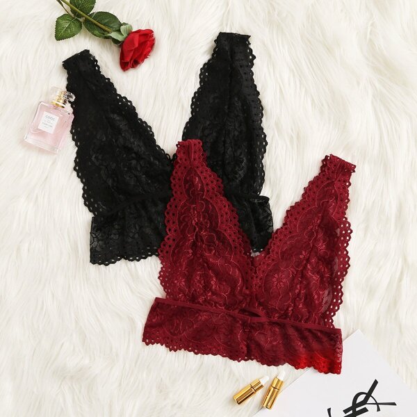 

Scalloped Trim Floral Lace Bralette Set 2pack