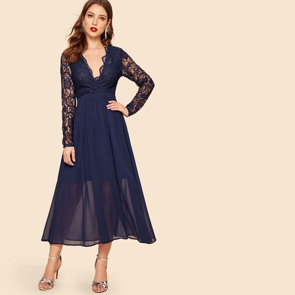 

Lace Wrap Bodice Flare Dress, Navy