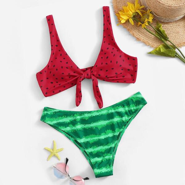 

Watermelon Print Knot Front Top With Panty Bikini, Multicolor