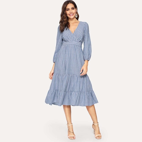 

Tiered Ruffle Surplice Wrap Striped Dress