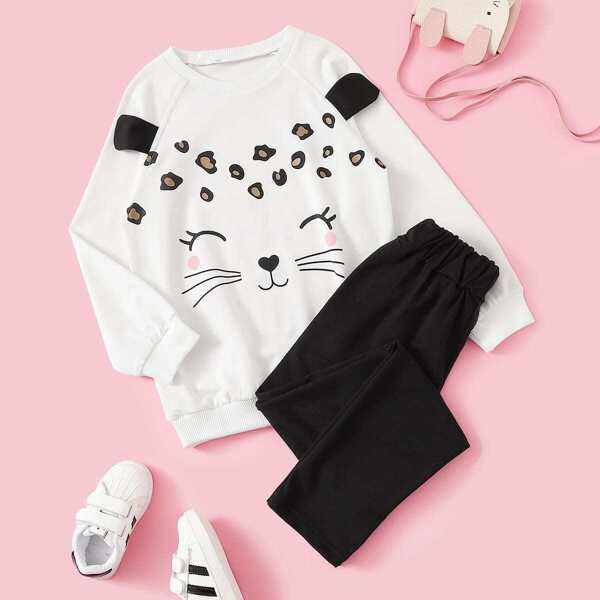 

Toddler Girls Leopard And Cat Print Top With Pants