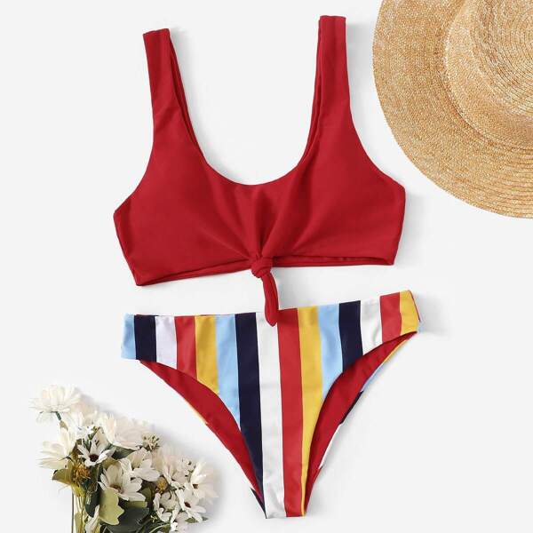 

Knot Front Top With Striped Bikini Set, Multicolor