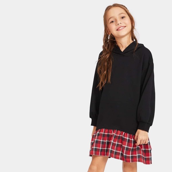 

Girls Plaid Ruffle Hem Mixed Media Hoodie Dress
