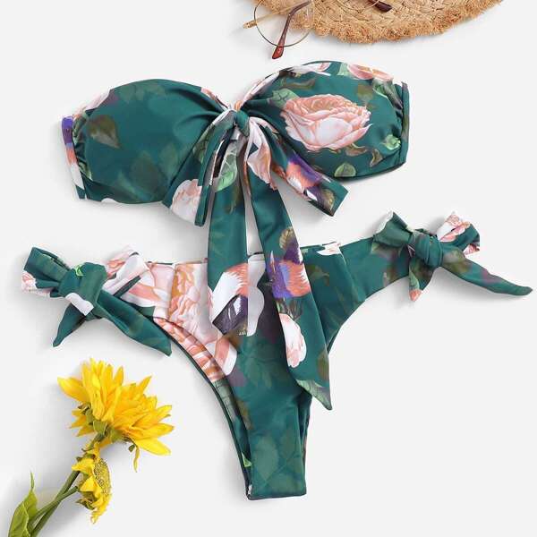 

Random Floral Ruched Bandeau With Tie Side Bikini, Multicolor