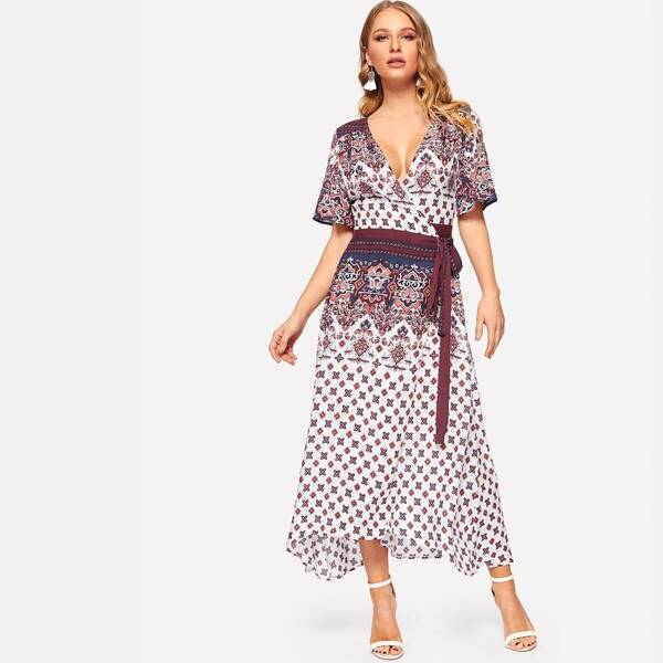 

Tribal Print Surplice Wrap Dress