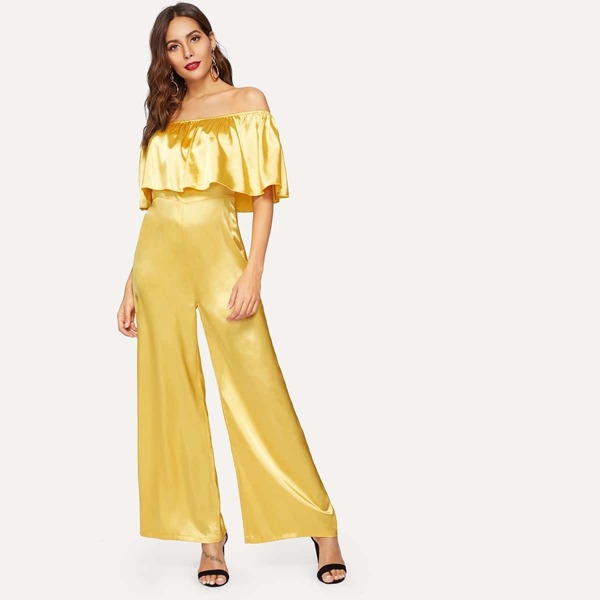 

Flounce Off Shoulder Wide Leg Satin Jumpsuit